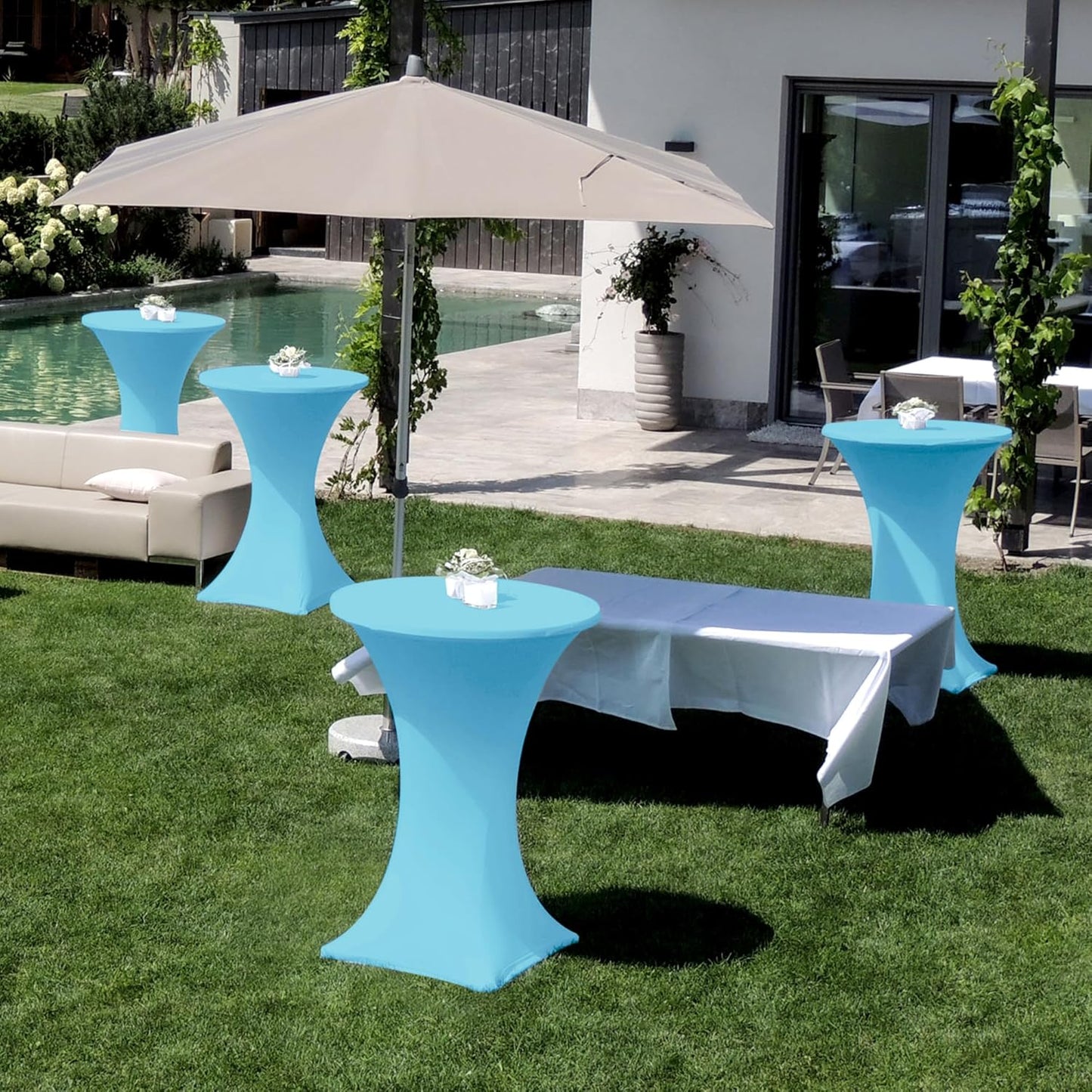 Cocktail Table Covers-Spandex Round High Top Table Cloths 6 Pack 32x43 Inch-Light Blue Stretch Fitted Bar Tall Tablecloth for Pub Bistro Highboy Party Banquet Height Folding Satnding Tables