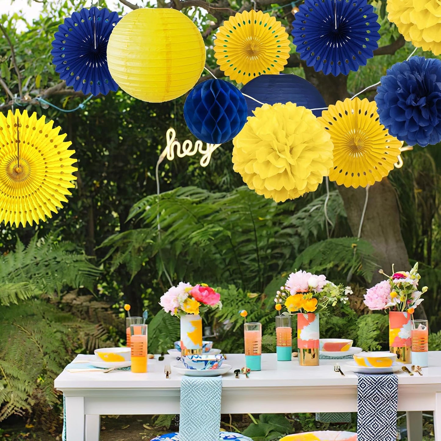 Blue and Yellow Party Decorations Blue and Yellow Paper Fans Paper Lanterns Pom Poms Flowers for Baby Shower Birthday Wedding Engagement Party