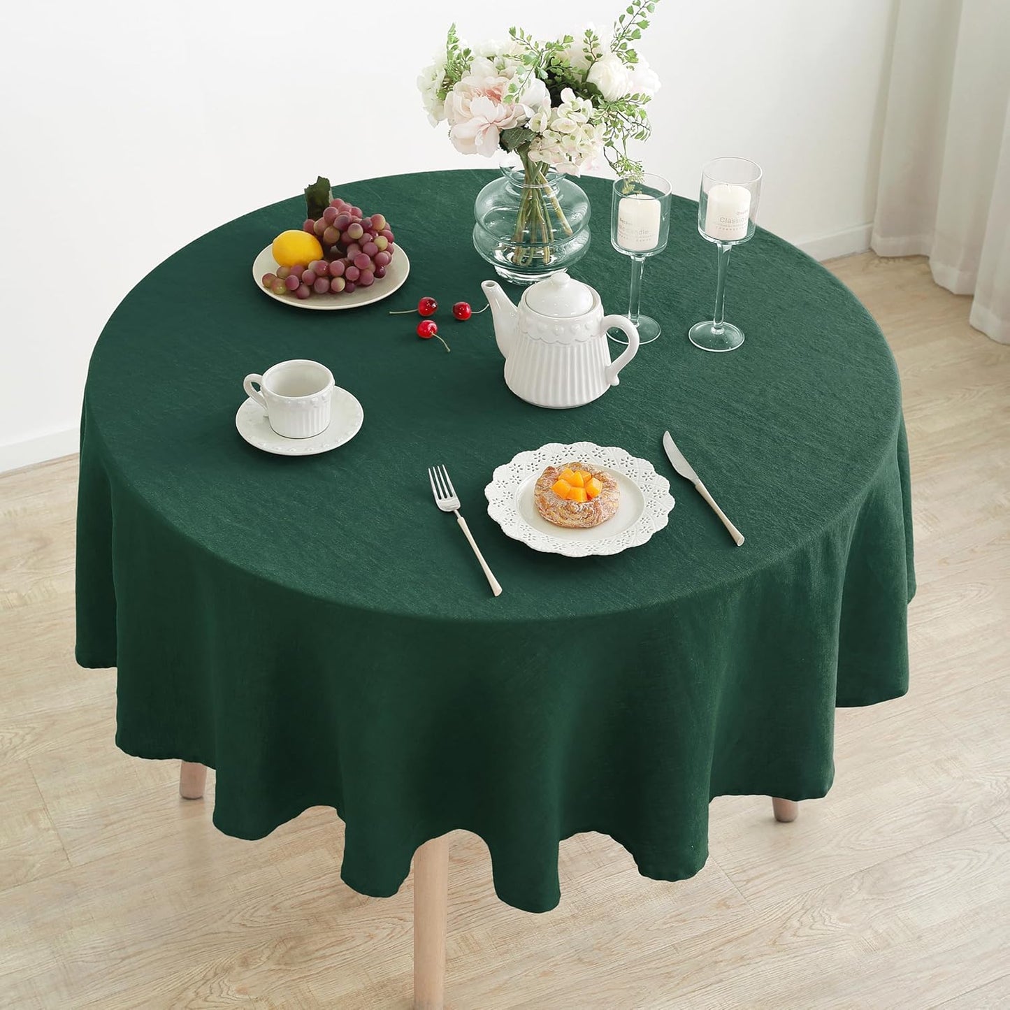 Linen World Green Linen Tablecloth - 100% French Linen Round Tablecloth 90" Inch,Washable Natural Table Cloth for Dining,Outdoor,Weddings and Restaurants,Decorative Thanksgiving Christmas