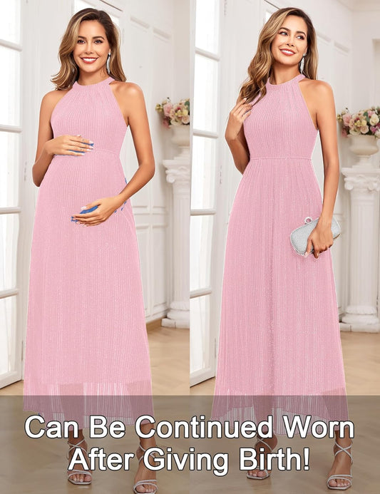 Maternity Sparkly Mesh Dress Halter Neck Sleeveless A Line Pregnancy Dresses Semi Formal Baby Shower Photoshoot
