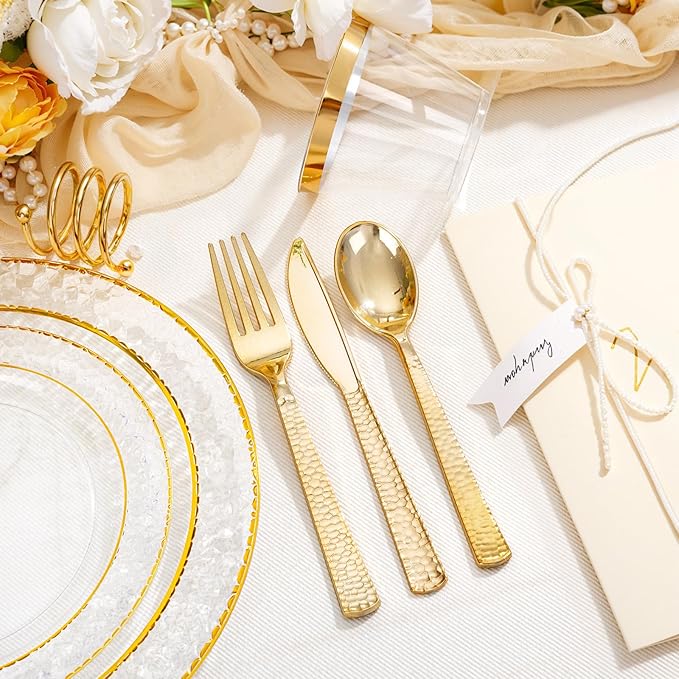Ciaell 150PCS Clear Gold Plastic Plates - Disposable Gold Rim Plates include 25Dinner Plate, 25Dessert Plate, 25Forks, 25Knives, 25Spoons, 25Cups for Wedding & Party