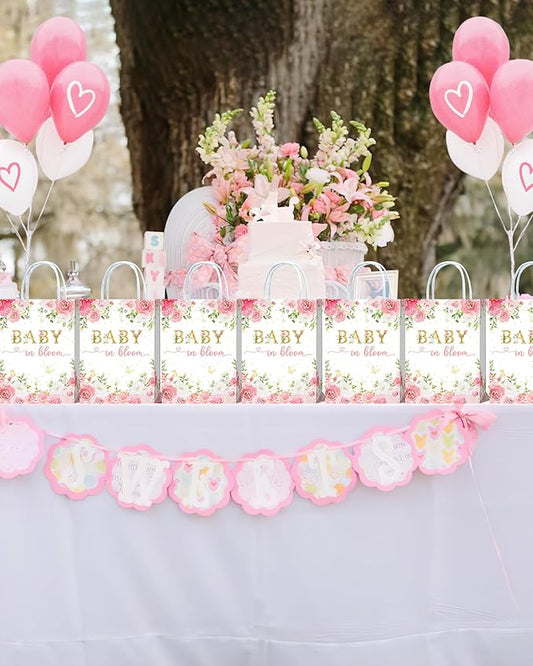 Tyndallrays 16-Piece Floral Baby Shower Favors: Bags with Handles for Girls' Shower or Reveal Party Treats