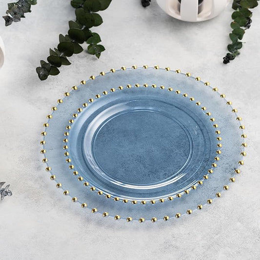 PLASTICPRO 64 Piece Combo Plastic Dinner Plates Disposable Plastic Fancy Heavy Duty Party Dishes 7 inch and 10 inch, Translucent Blue and Gold Beaded