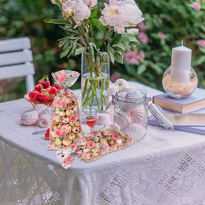 Outus 100 Pieces Party Cellophane Treat Bag Floral Candy Bags for Baby Shower Wedding Bridal Shower Supplies Favors Decorations Birthday Theme Floral Graduation Decor (Flowers)