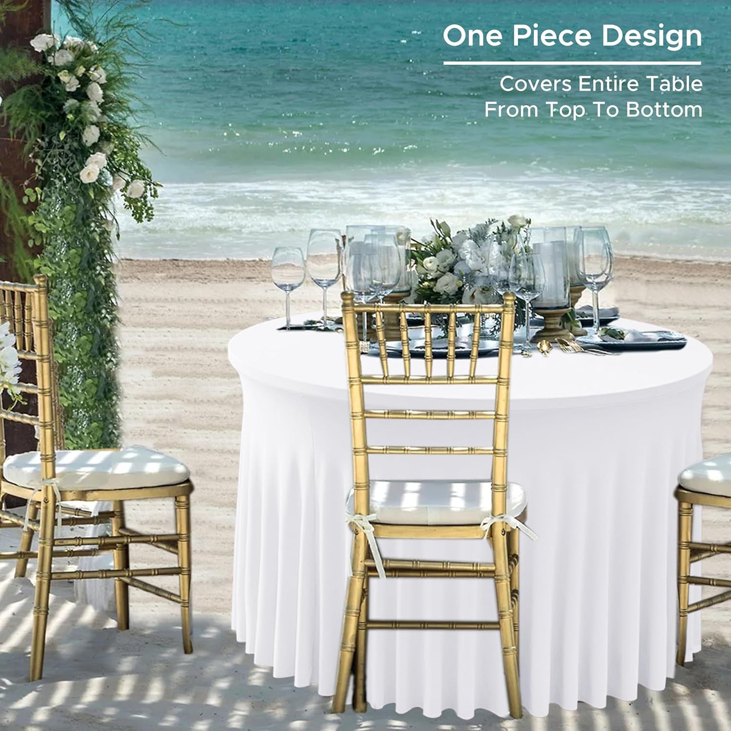 HolidayIdeas White Spandex 72in Round Table Cloths for Wedding, 6ft Fitted Stretch Table Skirts 132 Inch, Wrinkle-Free Ruffle Design Tablecloths for Banquets,Trade Shows, Parties, Events, 4 Pack