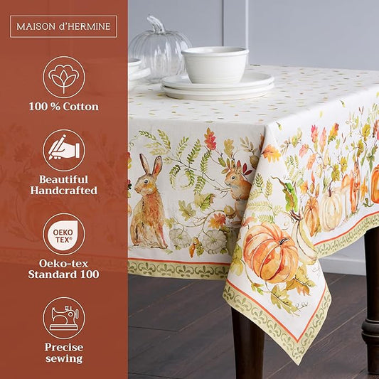 Maison d' Hermine Table Cloth Rectangle Table 100% Cotton 60 x 120 Inches Fall Tablecloth Reusable Everyday Use for Thanksgiving Christmas Decorations Dining Farmhouse Party (Pumpkin Passion)