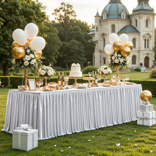 Wish Care 9ft Silver Satin Table Skirt for Rectangle Tables Wrinkle Free Glitter Desk Skirts Pleated Ruffle Table Cloth for Wedding Birthday Baby Shower Party Banquet Cake Teacher Table Decorations