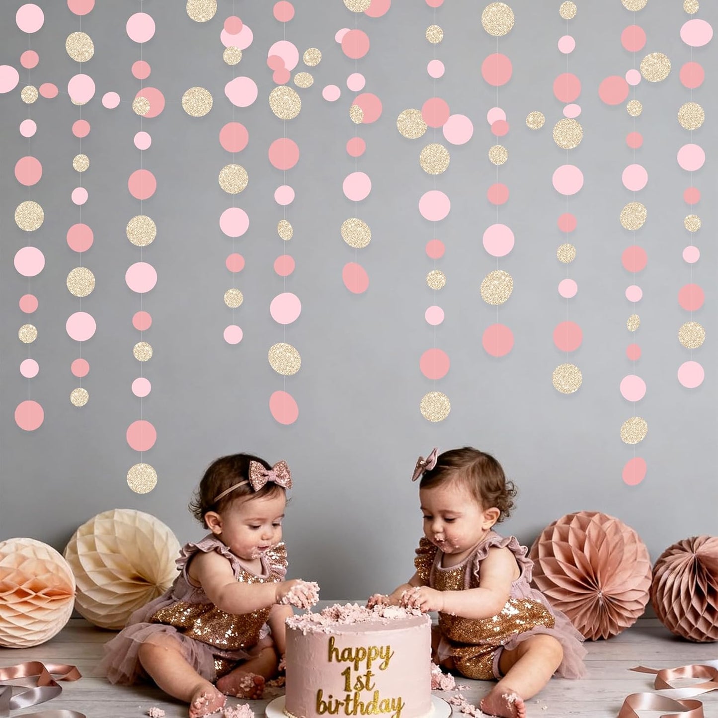 Champagne Gold Rose Pink Polka Dot Garland Champagne Dusty Pink Circle Dot Hanging Streamer Banner for Birthday Baby Shower Bridal Shower Wedding Engagement Retirement Boho Party Decorations Supplies