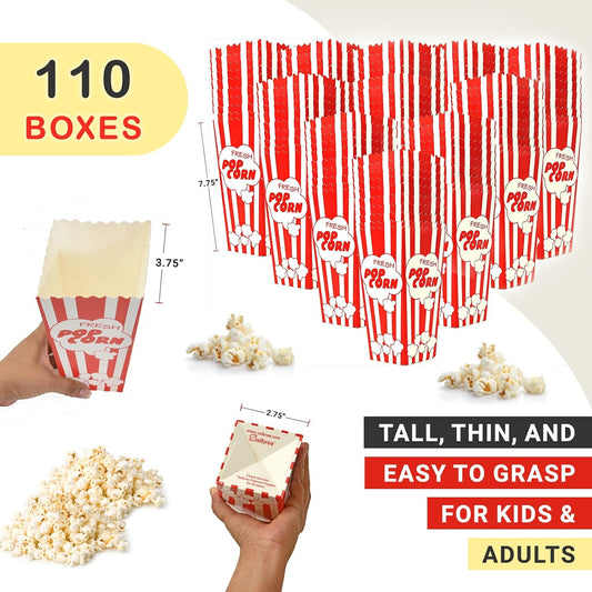 110 Movie Night Popcorn Paper Boxes Buckets 7.75 Inches Tall Large Box & Holds 46 Oz Old Fashion Vintage Retro Party Design Red & White Colored Nostalgic Carnival Stripes Bags & Tubs various qty avail