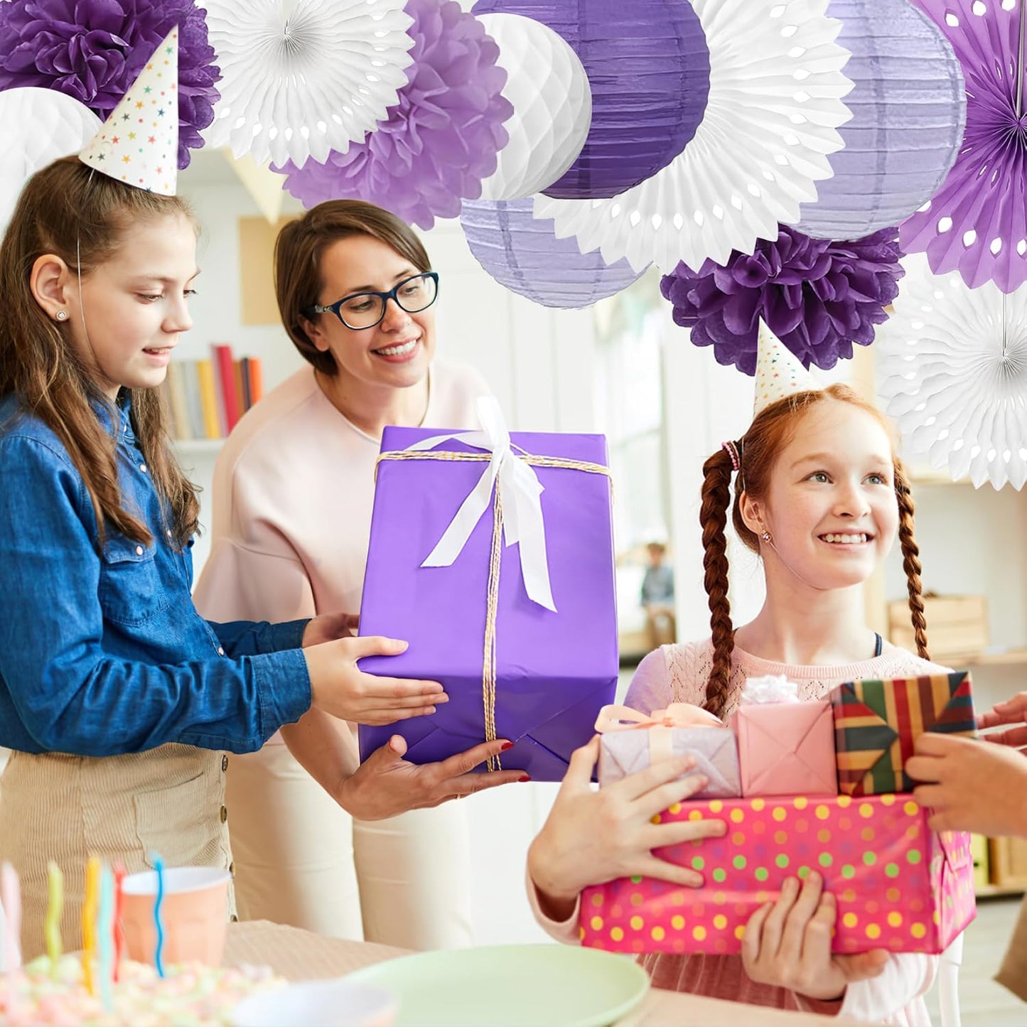 Purple and White Party Decorations Lavender Paper Fans Paper Lanterns Pom Poms Flowers for Baby Shower Birthday Wedding Engagement Party