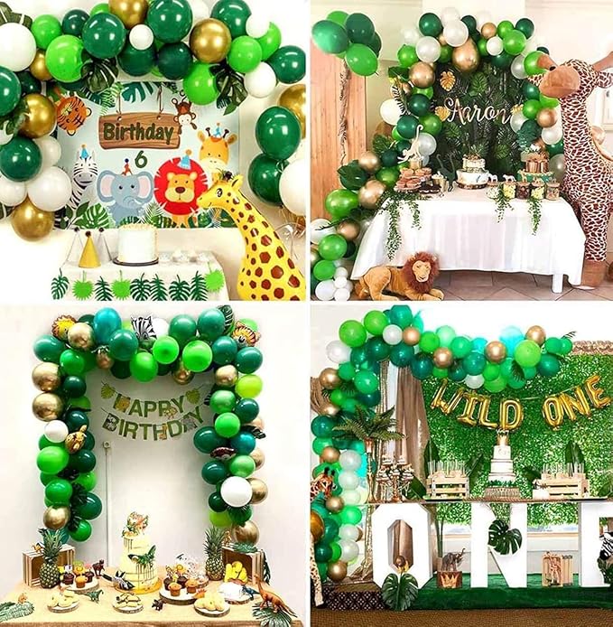 Light Green Balloons Arch Kit,130Pcs Dark Green and Gold Balloons,Different Sizes White and Gold Latex Balloon for Jungle Forest Themed Birthday St. Patrick's Day Party Decorations
