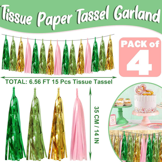 4P Sage-Green Pink-Gold Foil Fringe Metallic Tassel Garland, Tassels Banner Streamers for Parade Floats, Bachelorette, Wedding, Birthday, Halloween, Christmas, Bridal/Baby Shower Party Decorations