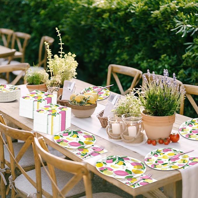OBUSATT 96Pcs Pink Lemon Party Supplies Lemon Paper Plates Napkins Lemons Summer Party Decorations Pink Lemonade Dinnerware Party Favor Birthday Party Picnic HomeTableware Serves 24