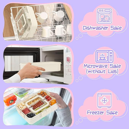 Snack Box Container for Kids - Adjustable 12-Compartment Snack Containers, Reusable Bento Box, Dishwasher Safe, BPA-Free, Perfect for School, Travel, Camping & Picnic, Ivory White