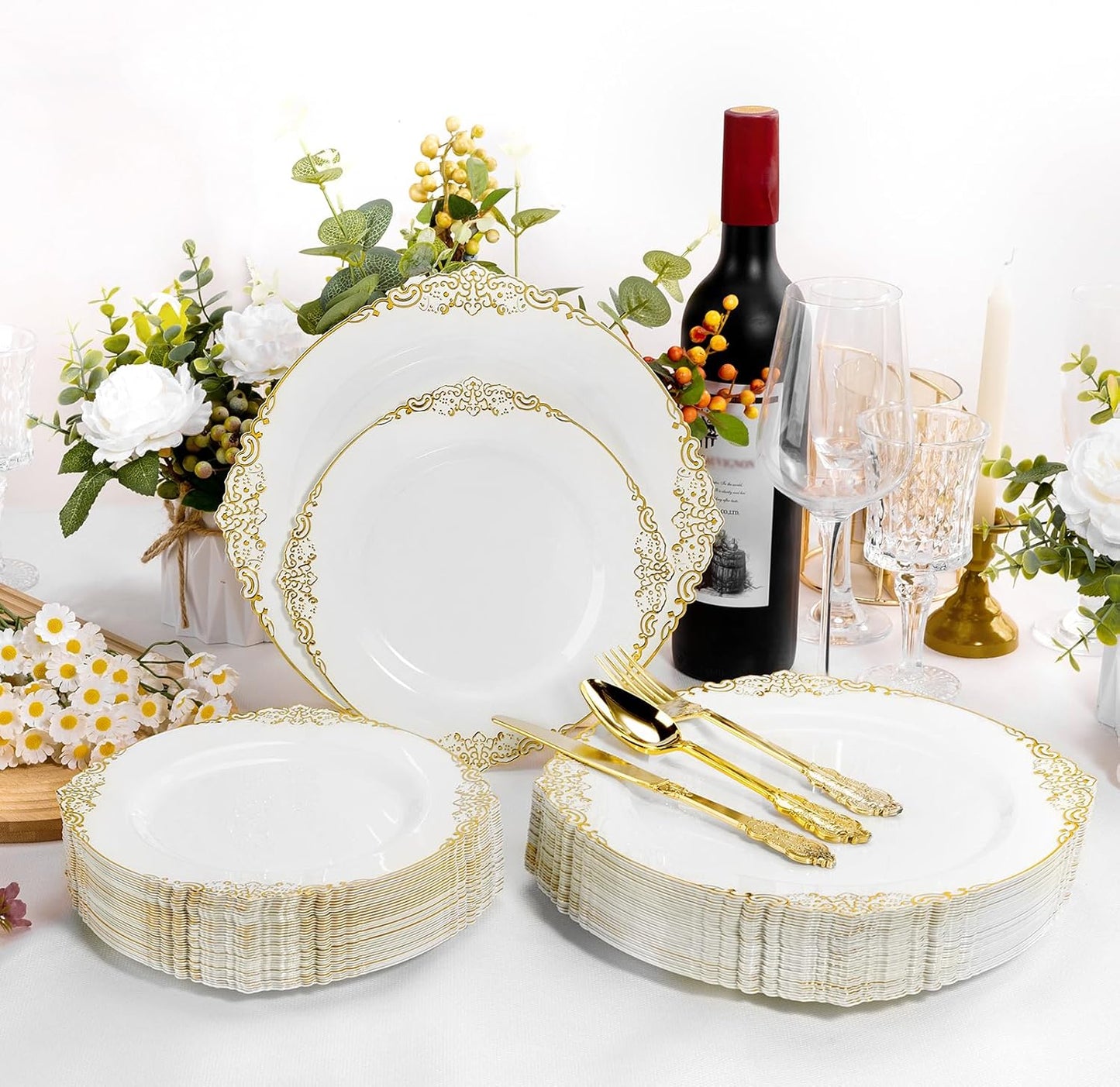 200 PCS White and Gold Plastic Plates for 100 Guests, Gold Disposable Plates Include 100 PCS Dinner Plates, 100 PCS Dessert Plates for Party, Wedding and Graduation