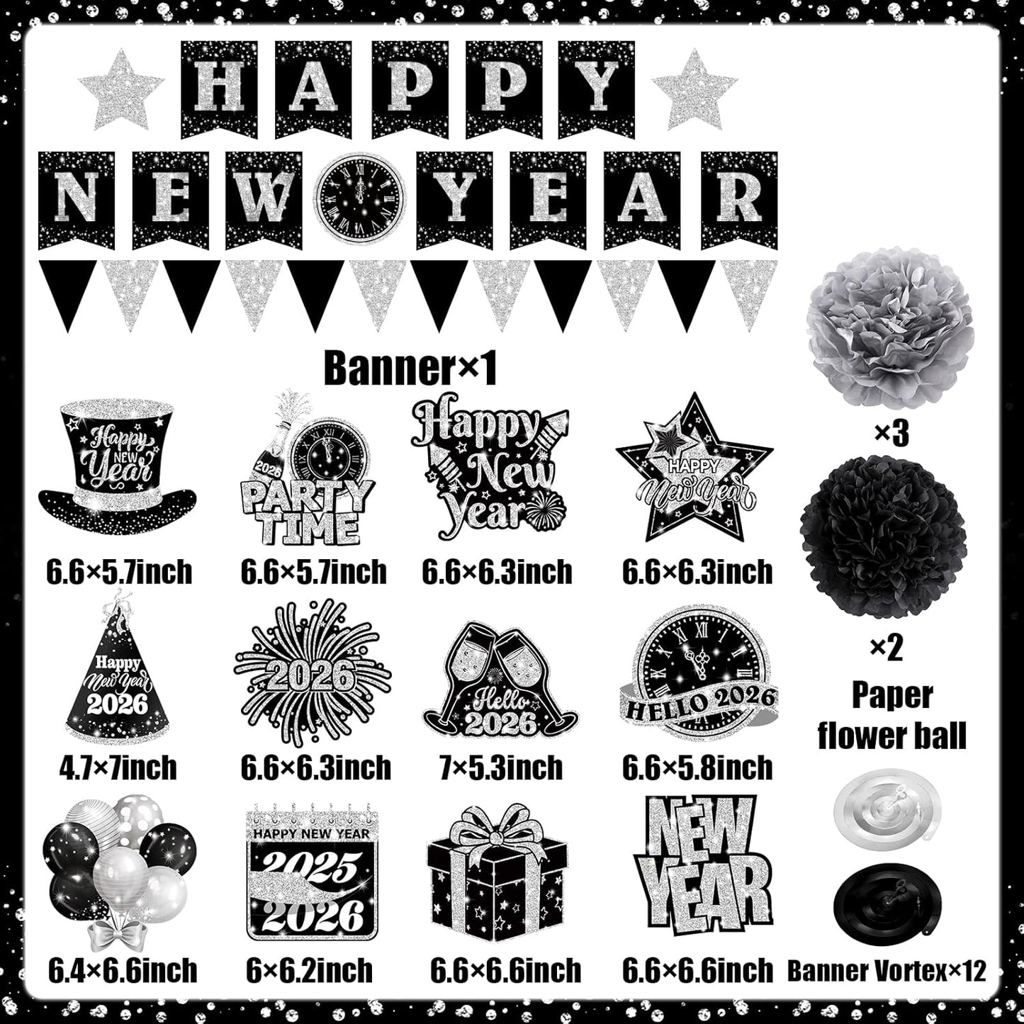 New Years Decorations Hanging Swirls,Black and Silver 2026 New Years Eve Decorations Banner Ceiling Hanging Pom Pom Garland Triangle Flag for Happy New Year Decorations