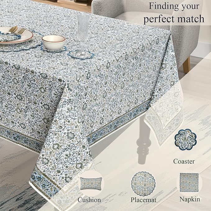 Ridhi Hand Block Print Indigo Rectangle Cotton Tablecloth 108" x 60" Reusable Table Cover Decorative Everyday Use for Dining, Farmhouse, Home Gift for Spring, Easter, Valentine