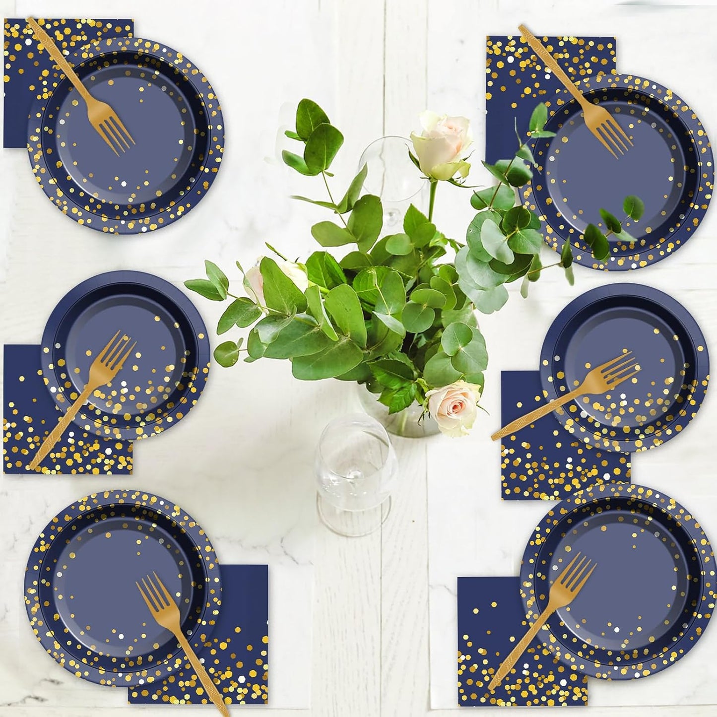 gisgfim 50 Guests Blue and Gold Party Supplies Tableware Set Gold Dot on Blue Paper Plates Napkins Disposable Paper Plates Graduation Table Decors for Men Women Happy Birthday Party Decorations 200PCS