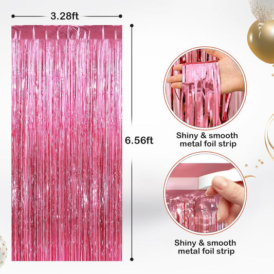 2 Pack Pink Metallic Tinsel Foil Fringe Curtains, Door Streamers Photo Booth Backdrop for Birthday Party, Tinsel Curtain Backdrop for Baby Shower Bachelorette Christmas Party Decorations