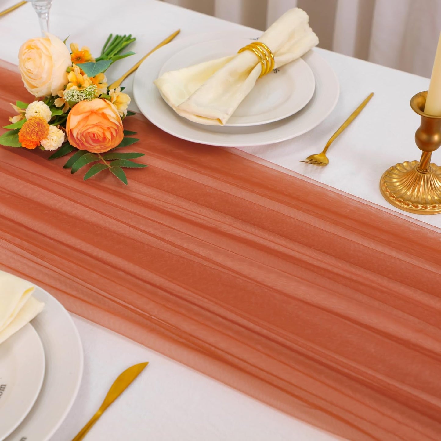 Snowkingdom Terracotta Table Runner, 10 FT Sheer Tulle Rust Cheesecloth Gauze Runner 120 Inch, Boho Fall Table Centerpieces Decoration for Thanksgiving Wedding Baby Bridal Shower Party