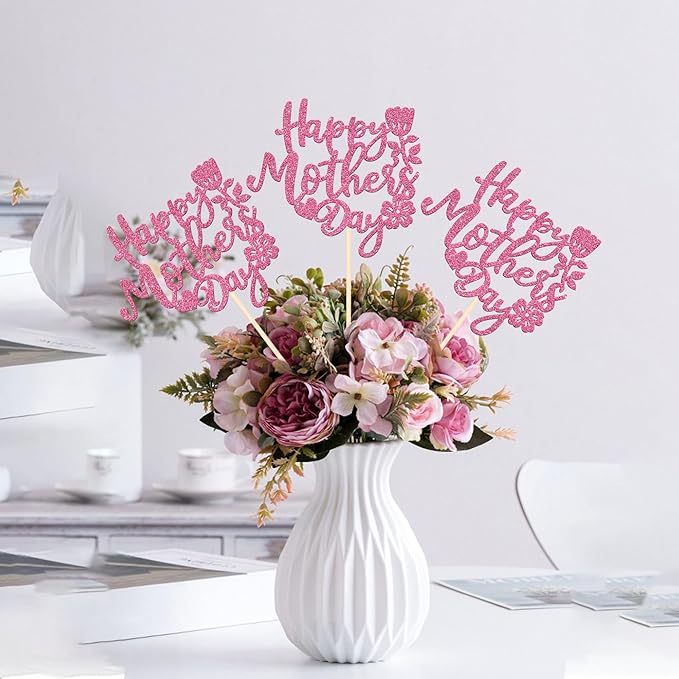 12 PCS Happy Mother's Day Centerpiece Sticks Double Sided Glitter Rose Love Best Mom Centerpieces for Happy Mother's Day Theme Table Flower Decorations Women Birthday Party Supplies Pink