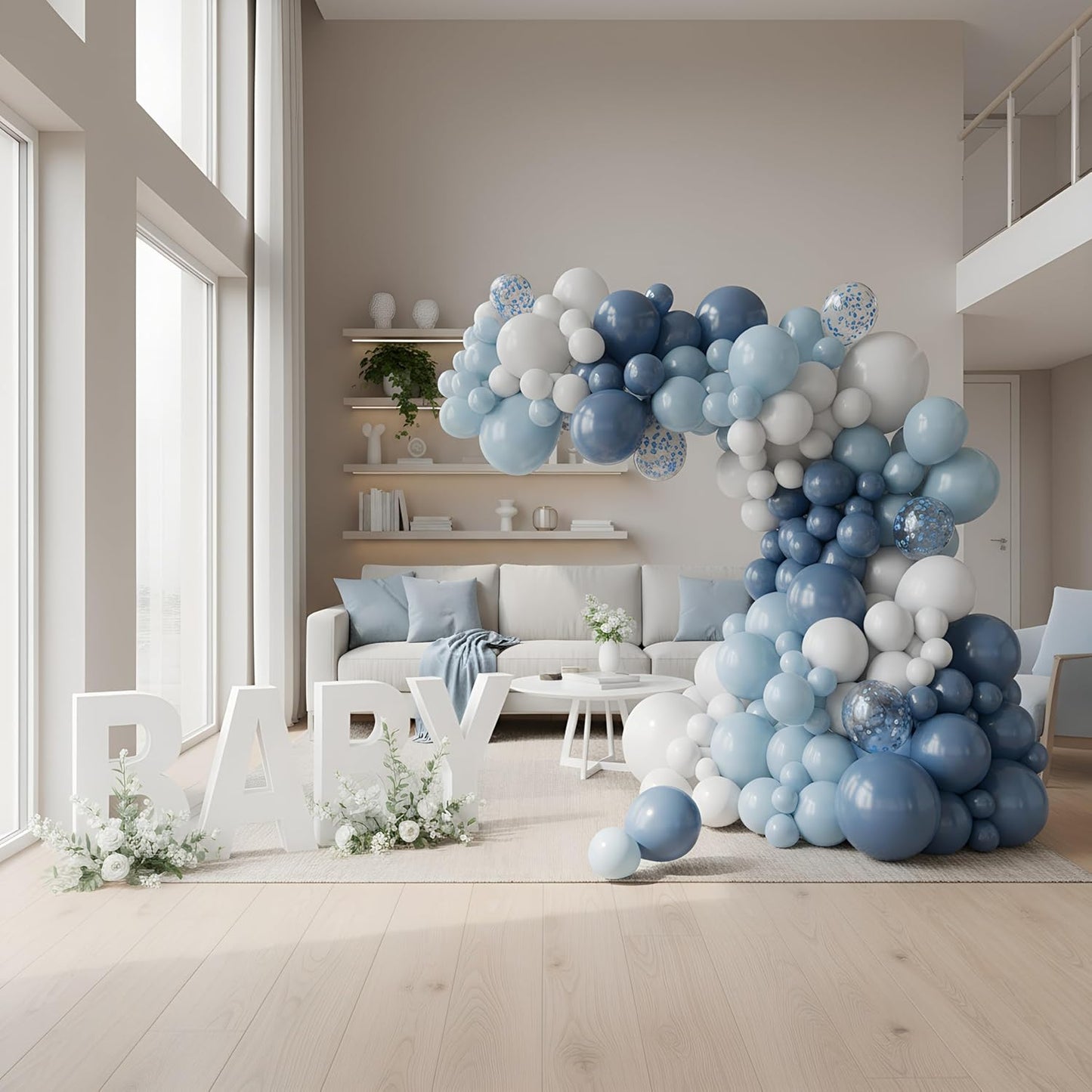 Balloon Garland Arch Kit – 146 Pcs Dusty Blue, White, Light Blue & Confetti Balloons for Baby Shower, Birthday, Gender Reveal, Wedding Party – DIY Kit by Vellax™