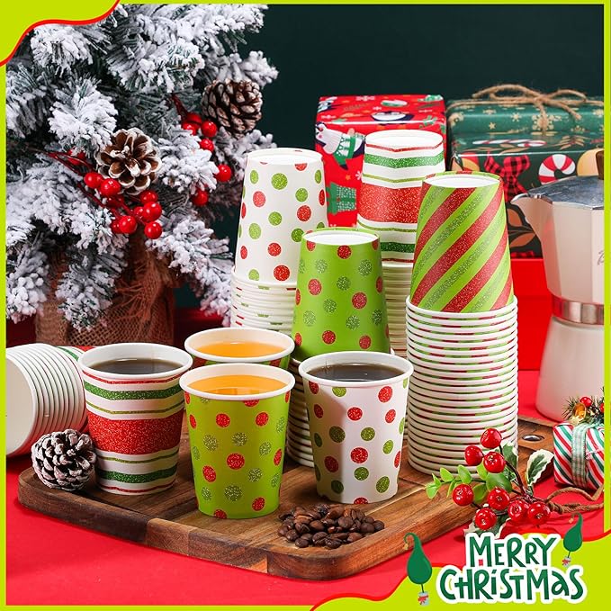 Funtery 100 Pieces Christmas Paper Cups Xmas Disposable Coffee Cups Red and Green Polka Dot Striped Christmas Cup Christmas Cups 9 oz Drinking Tea Paper Cups Christmas Cups for Daily Use Holiday Party
