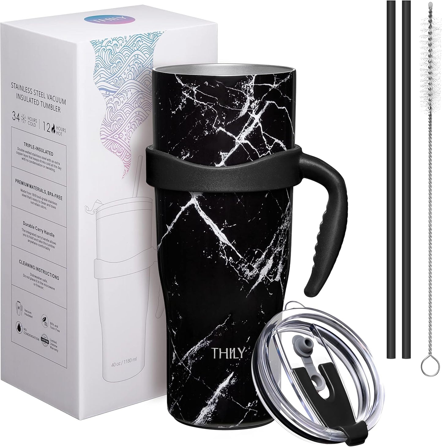 THILY Stainless Steel Vacuum Insulated Tumbler 40 oz Coffee Travel Mug with Handle and Lid, Reusable, Sweat Proof, Keep Drinks Cold for 34 Hours or Hot for 12 Hours, BPA Free, Black Marble