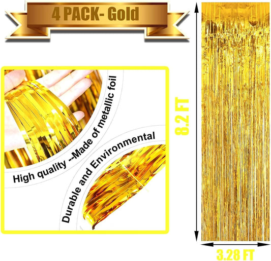 4 Pack Gold Foil Fringe Curtain Backdrop, 3.28Ft x 8.2Ft Metallic Tinsel Foil Fringe Streamer Curtains for Photo Booth Props, Birthday, Wedding, New Year’s, Christmas Decoration Party Supplies New