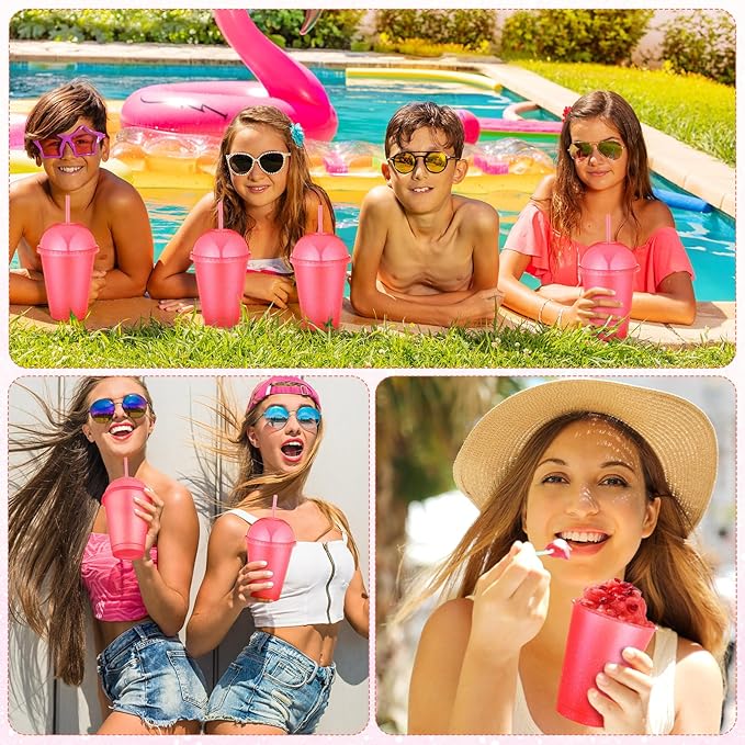 6 Set Slushie Cups with Dome Lids and Straws Detachable Spoon Straws Reusable Plastic Iced Coffee Cups Smoothie Tumbler for Birthdays Summer Party Supplies(Pink,16 oz)