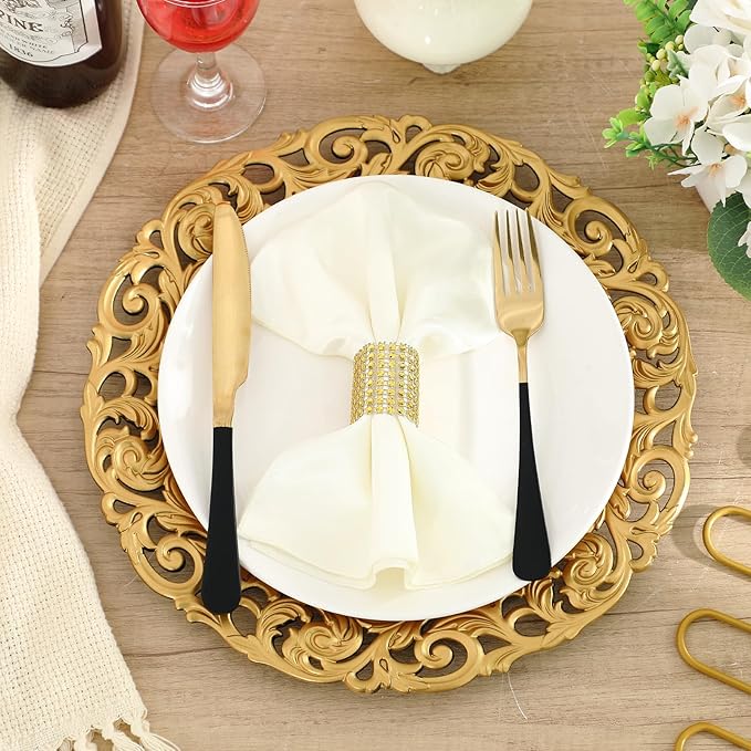 12 Pcs Vintage Gold Charger Plates Bulk 13 Inch Embossed Rim Plastic Round Decorative Plates Charger for Dinner Wedding Party Event Table Setting Decoration (Hollowed out)