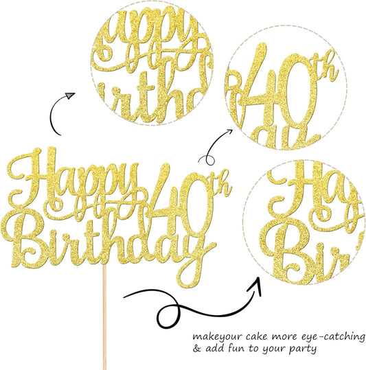 1 PCS Happy 40th Birthday Cake Topper Gold Glitter Cheers to 40 Years Birthday Cake Pick 40 Fabulous Cake Decoration for Happy 40th Birthday Anniversary Party Decorations Supplies