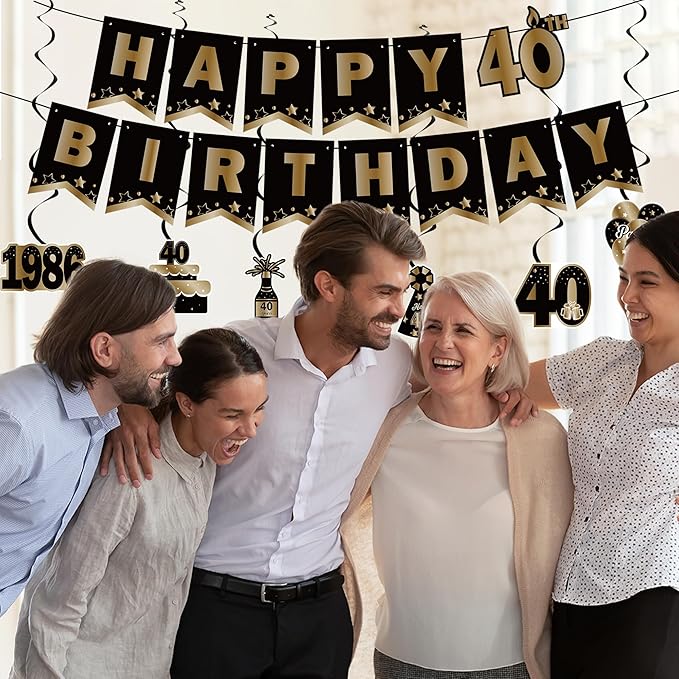 DARUNAXY 40th Birthday Party Decorations for Men Women, Vintage Back in 1986 Banner, Black 40 Number Balloons & Cake Topper, Vintage 1986 40 Birthday Honeycomb Hanging Swirl Confetti Balloons(30PC)