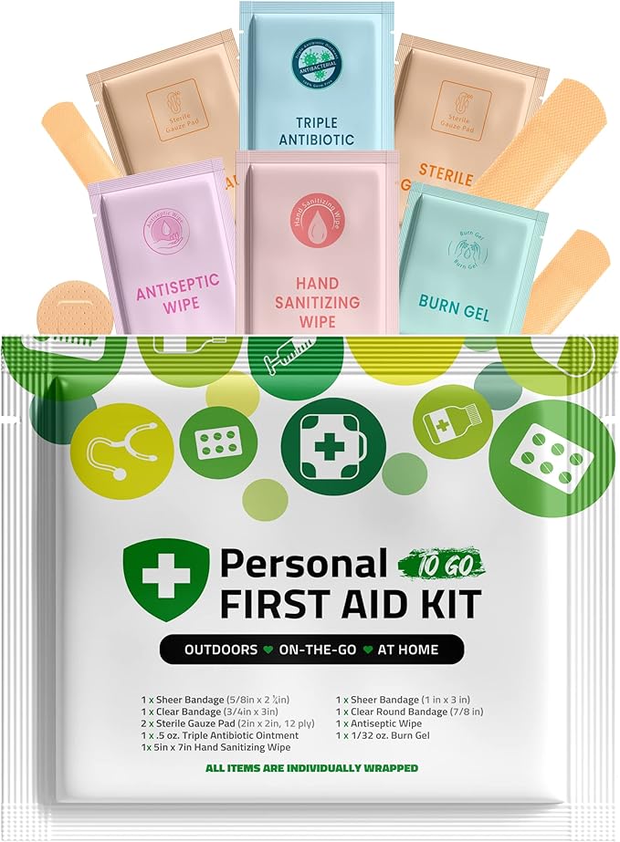 Portable Travel Size First Aid Kit - 60 Pack Case | Perfect for Home, Office, Car, School, Business, Travel, Hiking, Hunting, and Outdoors | Individually Wrapped First Aid Products (Green)