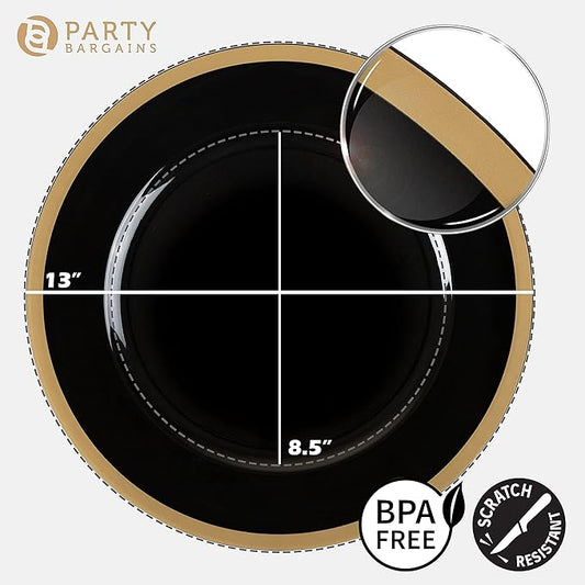 PARTY BARGAINS 13-Inch Charger Plates - 48 Pack, Black Gold Rim, Heavy-Duty Disposable Chargers for Elegant Dining - Ideal for Weddings and Formal Events