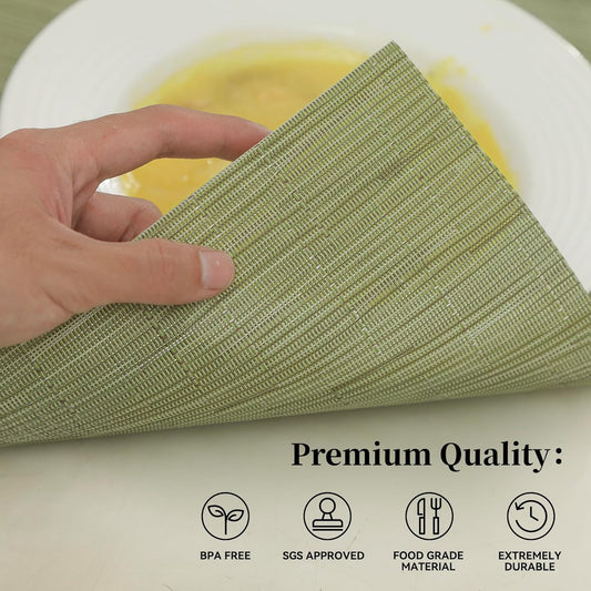 Leetaltree Pea Green Placemats Set of 8 - Heat Resistant Non-Slip Place mats for Dining Table, Washable Durable PVC Vinyl Woven Table Mats(Pea Green, 8)