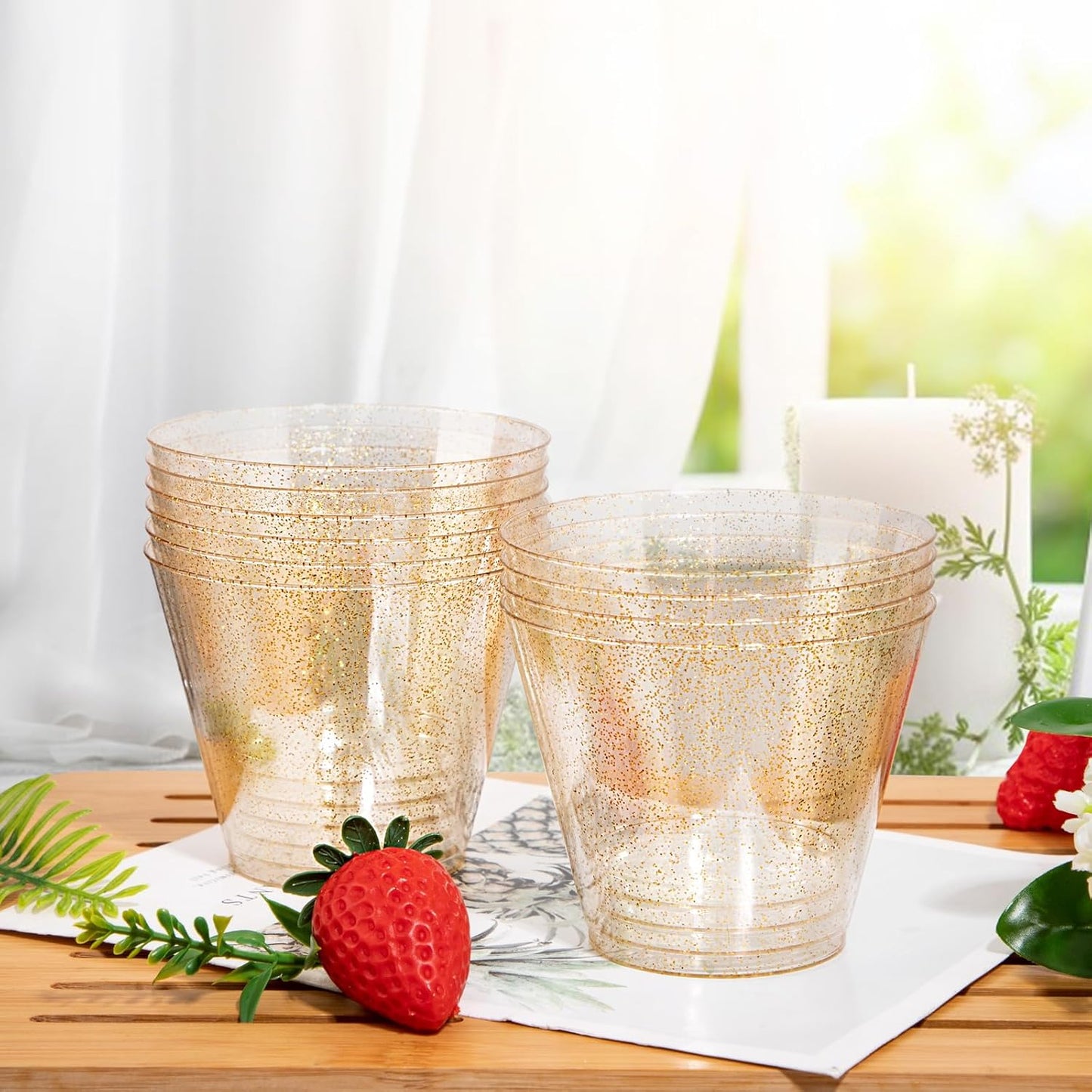 Nervure 120PCS Gold Glitter Plastic Cups - 9oz Heavy Duty Plastic Cups - Gold Disposable Cups for Wedding, Thanksgiving, Birthday, Halloween & Christmas Party