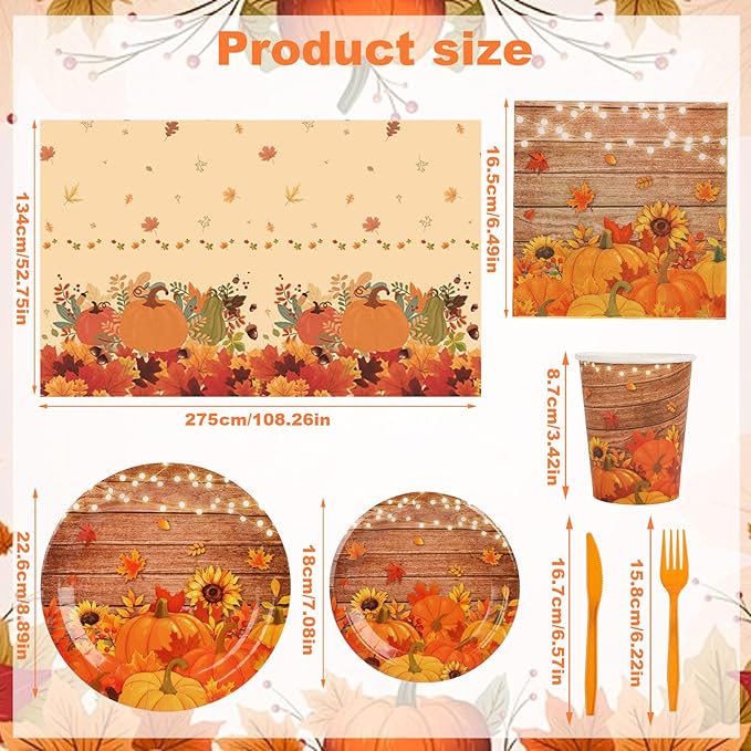 182pcs Fall Paper Plates and Napkins Set,Watercolor Fall Party Supplies Disposable Dinnerware for Autumn Leaves Thanksgiving Party Decorations,Serve 30 Guests
