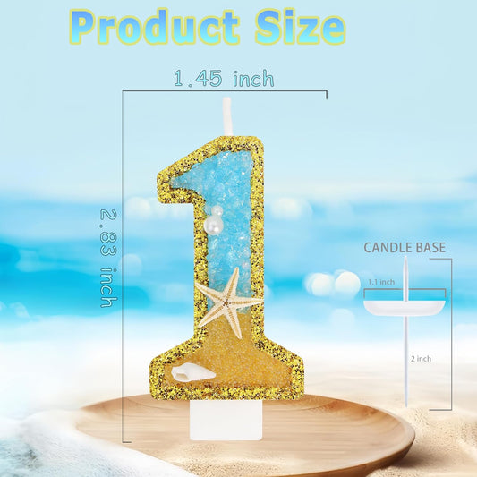 Ocean Number 1 Candle, Glitter Gold Beach Starfish Cake Topper, Tropical Ocean Princess Birthday Decorations for Party Supplies Wedding Anniversaries
