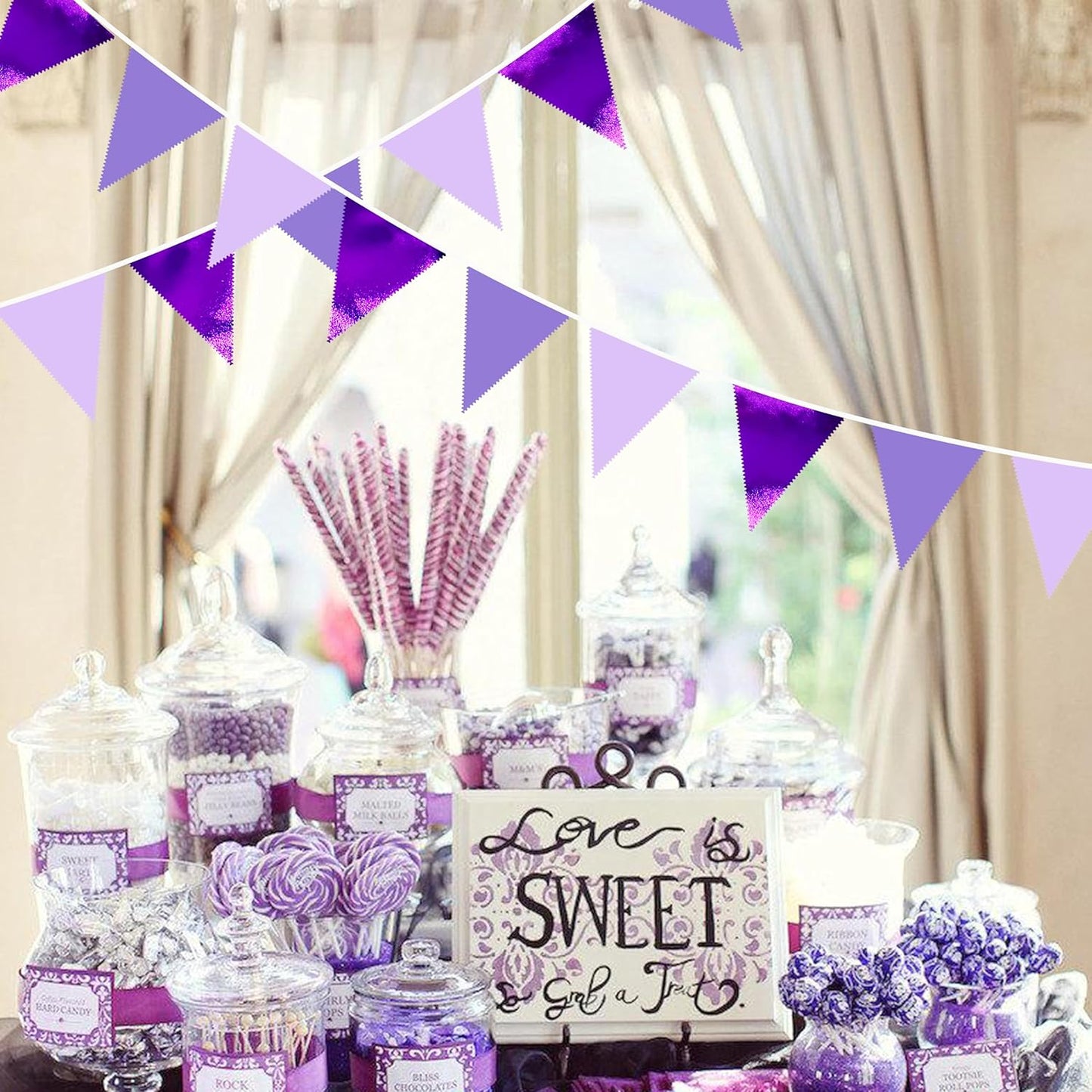 32Ft Purple Party Decorations Metallic Purple Triangle Banner Flag Pennant Fabric Garland Streamers for Lavender Birthday Baby Shower Bachelorette Wedding Violet Graduation Party Decor Supplies