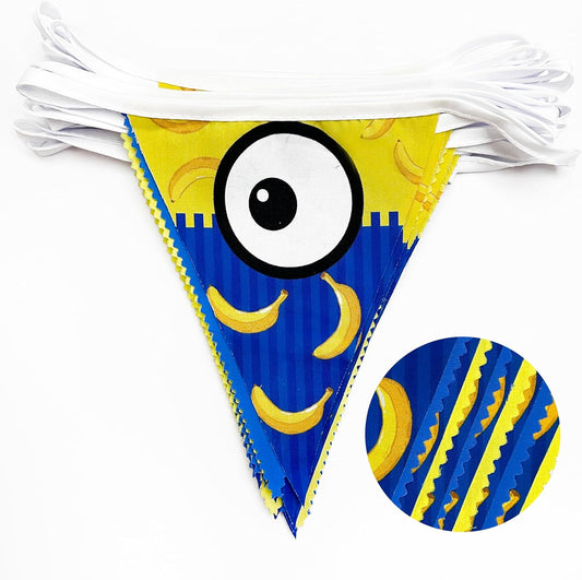 32Ft Yellow Blue Cartoon Party Decorations Blue Yellow Big Eyes Banana Triangle Flag Fabric Banner Pennant Garland Streamers for Cartoon Birthday Baby Shower Big Eyes Movie Party Decor Supplies