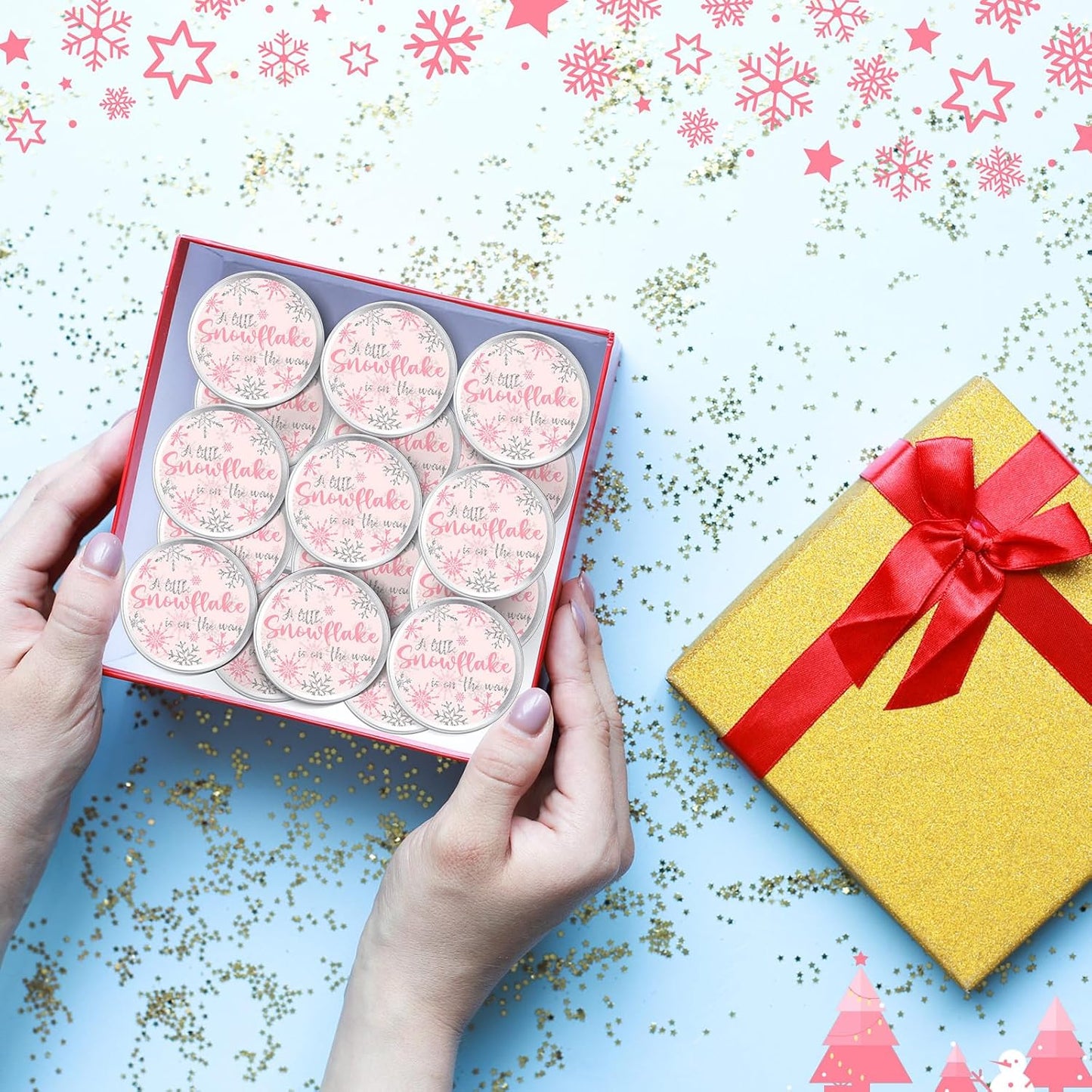 MTLEE 24 Pcs Snowflakes Baby Shower Party Favors Candles Lavender Scented Baby Shower Favors for Guests Rustic Tealights Candles Gender Reveal Return Gifts Girl Boy(1.2 Oz, Pink)