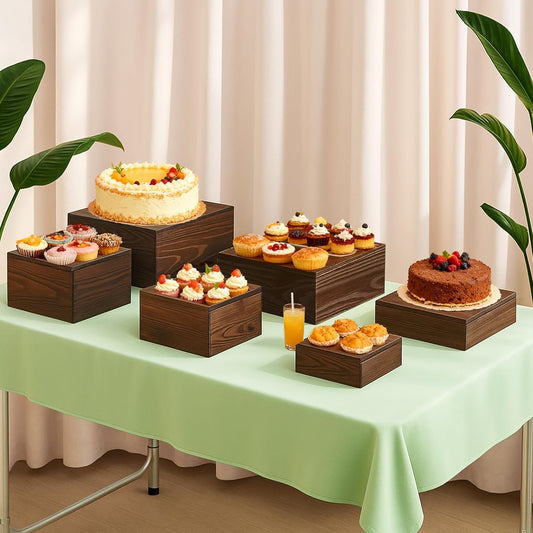 6-Pack Wood Risers Display Stands, Multi-Height Food Risers for Buffet Table, Rustic Wooden Cake & Cupcake Stands for Party, Birthday, Wedding, Halloween Decor