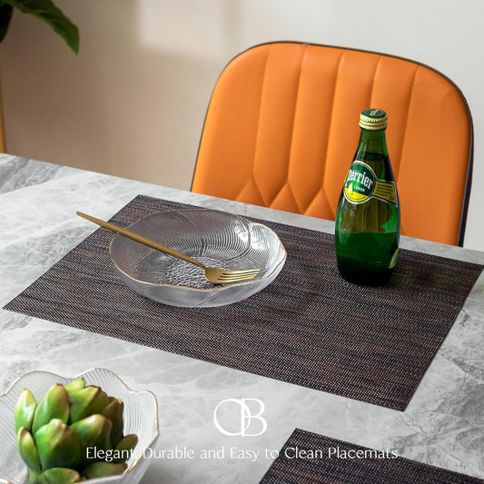 Placemats Set of 4 - Easy Clean Woven Vinyl Placemats for Dining Table, Indoor/Outdoor Place Mats, Washable PVC Table Mats(Black/Brown)