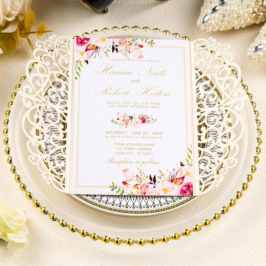 25pcs Personalized Wedding Invitations with Envelopes and RSVP Cards Blank Rose Gold 5×7 Glitter Laser Cut Invitation Pockets for Wedding Engagement Bridal Shower Birthday Quinceañera Anniversary