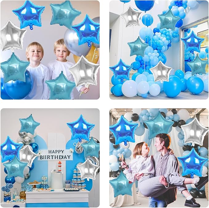 Blue Silver Star Foil Balloons, 10PCS Blue and Silver Foil Stars Shape Balloons, 18 Inch Metallic Stars Balloon for Helium Pentagram Balloon for Boys Men Birthday, Anniversary Party Decorations