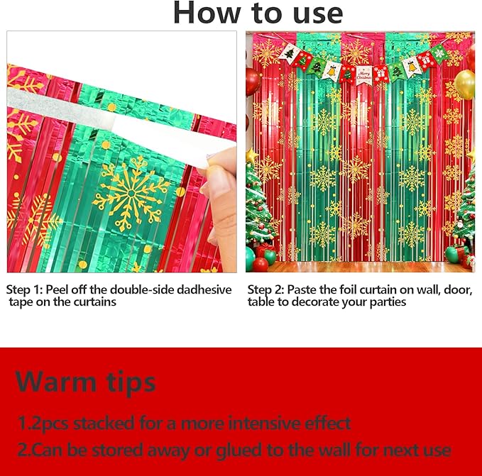 2 Packs Christmas Foil Fringe Curtain, Glitter Red Green Snowflake Metallic Tinsel Backdrop for Xmas Friendsmas Santa Claus Ugly Sweater New Years Eve Party Decoration Supplies
