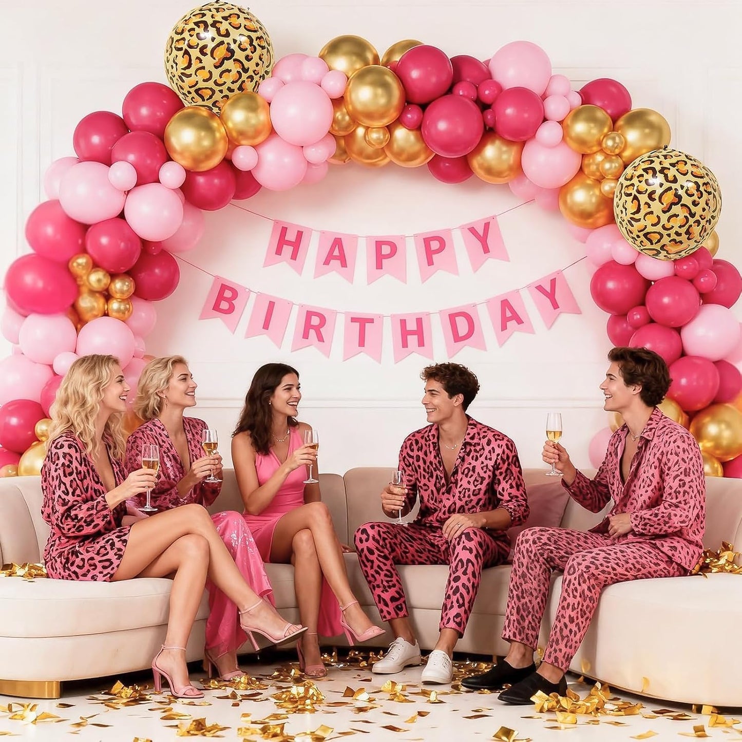 Pink Gold Cheetah Print Balloon Arch Kit, Pastel Hot Pink Chrome Gold Balloons Garland with Large Leopard Print Foil Balloons, for Baby Shower Girls Cheetah Jungle Animal Birthday Party Decorations