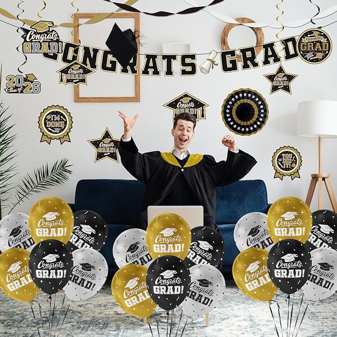 Black and Gold Themed 2026 Graduation Decorations Set - Congrats Grad Banner, Class of 2026 Backdrop, Balloons & Streamers Kit - Graduation Party Supplies for High School & College Celebrations
