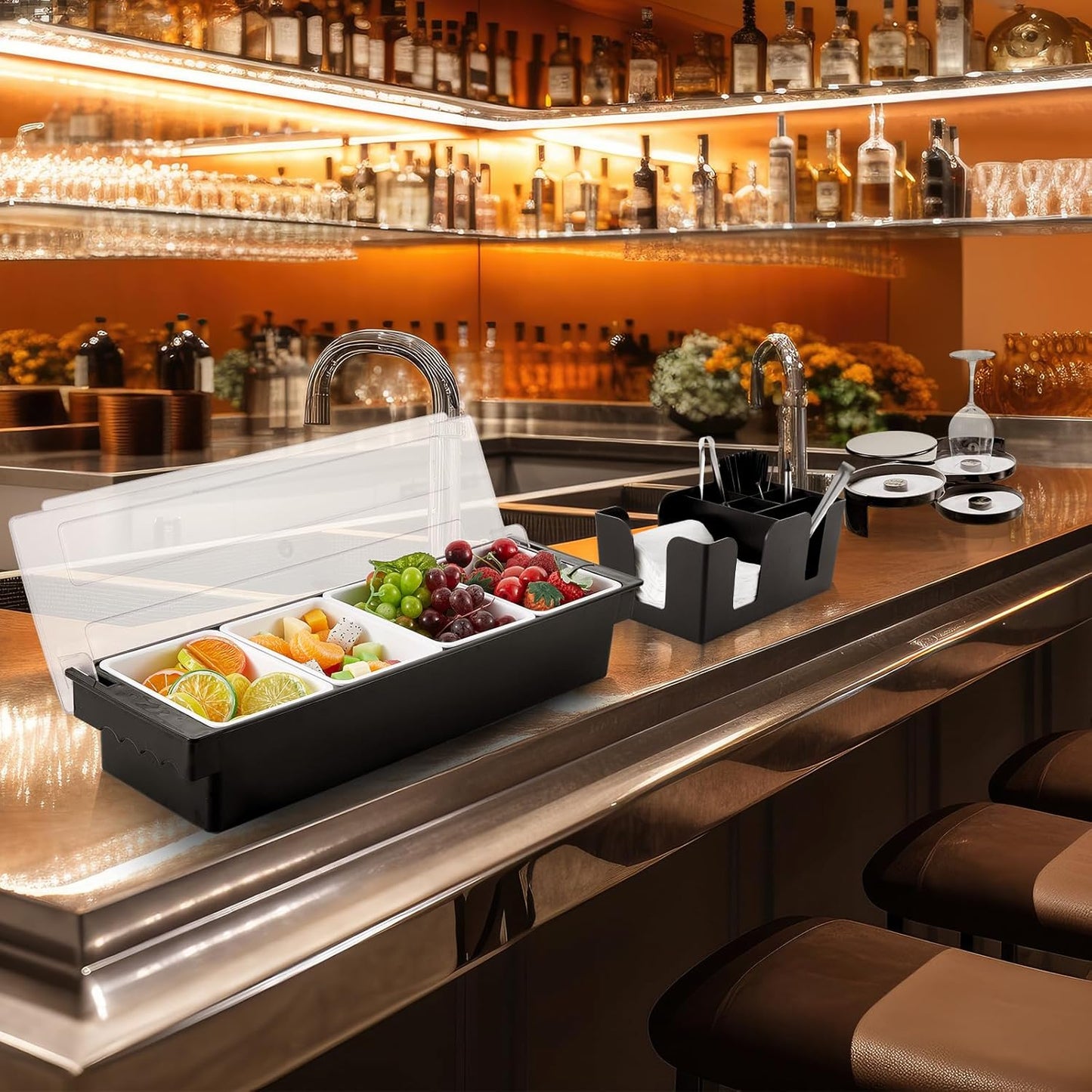 Mifoci Garnish Tray with Lid Bar Caddy 3 Tier Glass Rimmer 12 Stainless Steel Bottle Pourers 2 Plastic Juice Pour Bottles 1000 Count Cocktail Straws 3 Serving Tongs(4 Compartments,Plastic)